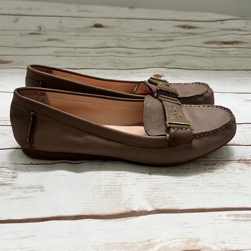Kate Spade Loafers Taupe Brown Leather Gold Logo Driver Shoes 8.5